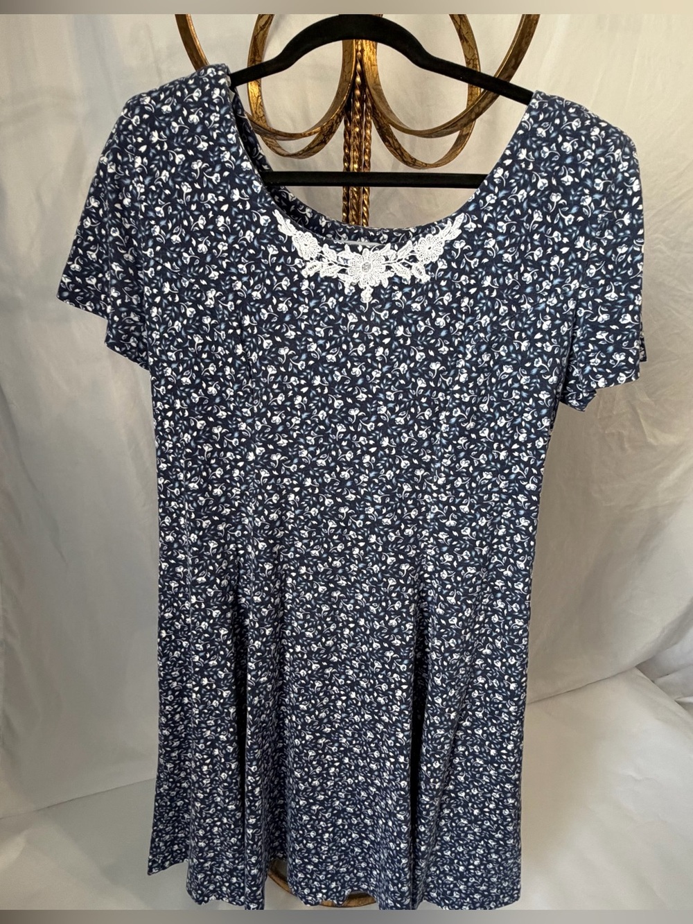 Vtg 1990s Ms Conduct Blue Ditsy Floral Mini Dress Lace Trim Corset Back 10P
